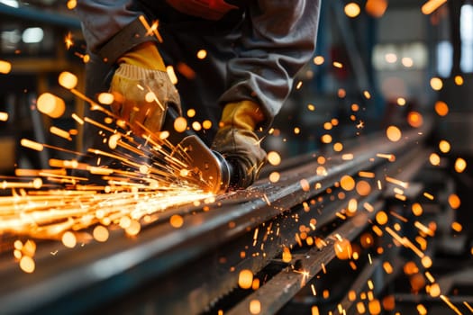 a skilled worker using an angle grinder on a piece of metal.