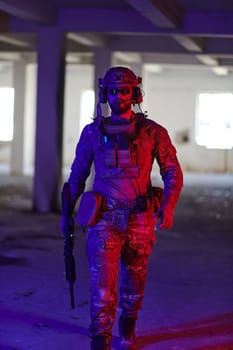 A professional soldier undertakes a perilous mission in an abandoned building illuminated by neon blue and purple lights.