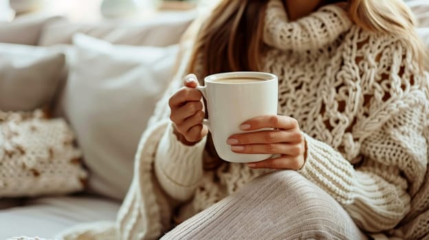 a relax woman hold white cup of coffee for mock up ..