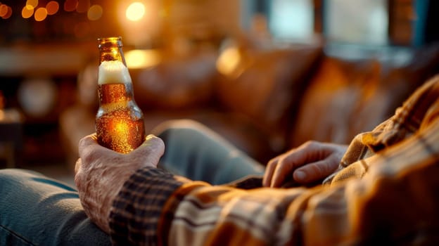 relax Man Holding a Beer Bottle on sofa..