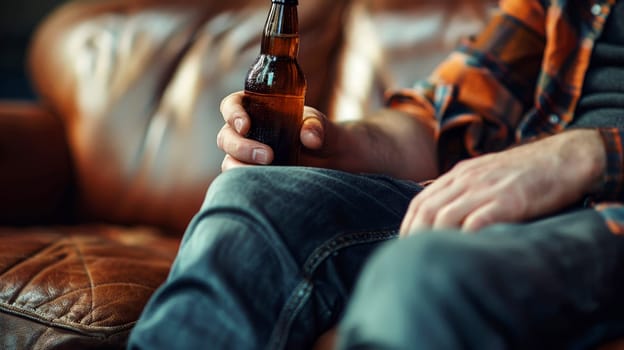 relax Man Holding a Beer Bottle on sofa..