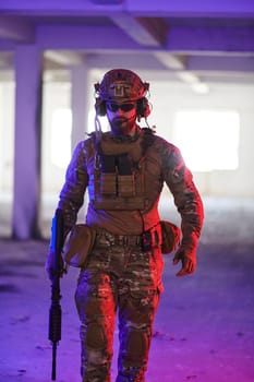 A professional soldier undertakes a perilous mission in an abandoned building illuminated by neon blue and purple lights.