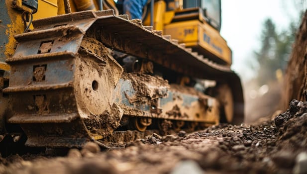 Closeup of bulldozer track and blade at construction site