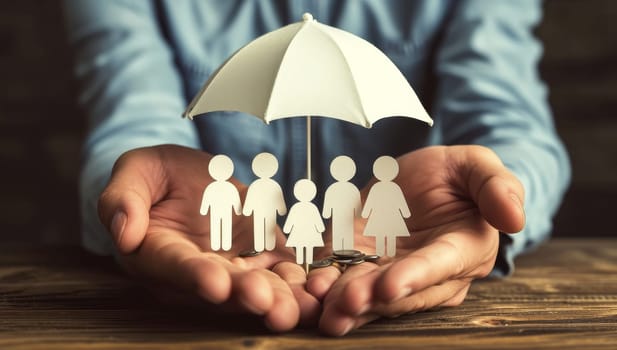 Insurance agent protecting family with umbrella. Concept of protecting family.