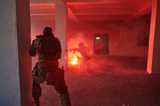 A group of professional soldiers bravely executes a dangerous rescue mission, surrounded by fire in a perilous building