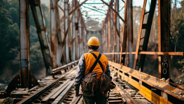 Rear view of a male construction worker walking on the railway bridge.