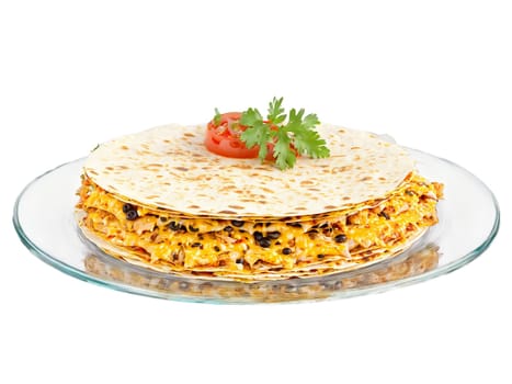 Quesadilla cheese and chicken with salsa served on a transparent glass plate cheesy and spicy. Food isolated on transparent background.