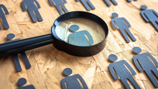 Magnifying glass highlighting a person among many on wooden background