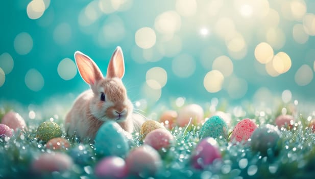 Bunny surrounded by Easter eggs on sparkly green field