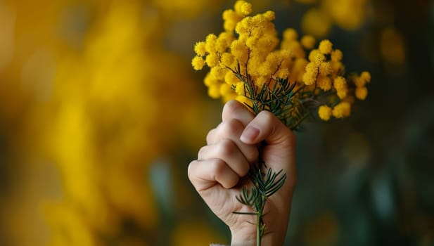 Woman hand holding mimosa flowers on blurred background