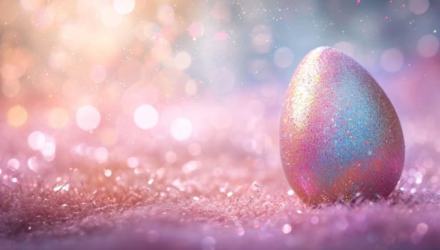 Easter egg on glitter background with bokeh lights and copy space