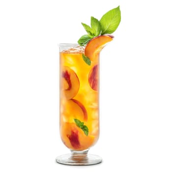 Peach iced tea with sliced peaches and mint leaves suspended in liquid Food and culinary. Food isolated on transparent background.