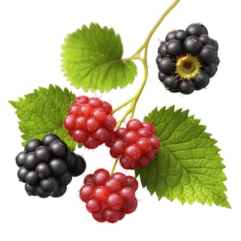 Dewberries plump dewberries forming a spiral shape with some berries bursting and juice splattering Rubus. Food isolated on transparent background.