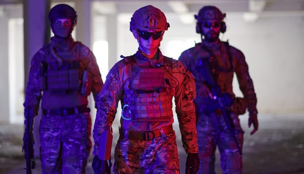 soldier squad team walking in urban environment colored lightis.