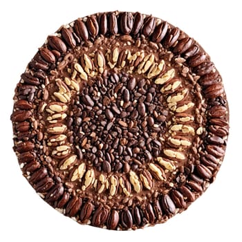 Cocoa bean mandala a circular design of whole cocoa beans cocoa nibs and cocoa butter. Food isolated on transparent background.