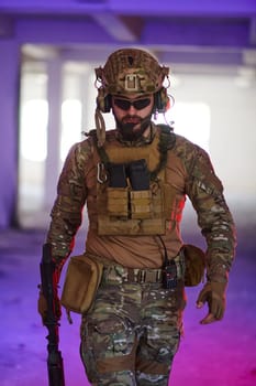 A professional soldier undertakes a perilous mission in an abandoned building illuminated by neon blue and purple lights.