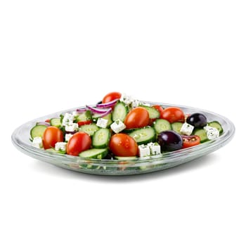 Greek salad with fresh tomatoes cucumbers red onions Kalamata olives and feta cheese drizzled with. Food isolated on transparent background