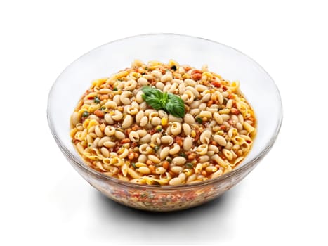 Pasta e Fagioli with cannellini beans and pasta served in a transparent glass bowl traditional. Food isolated on transparent background.