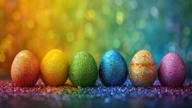 Colorful easter eggs on a colorful bokeh background