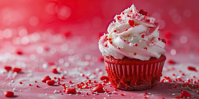 Valentine's day cupcake with red hearts on red background