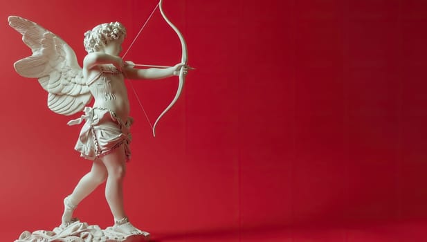 Cupid statue aiming arrow against red background