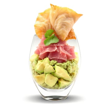 Tuna tartare ruby red ahi tuna mound avocado rose wonton crisp in stemless glass isolated. Food isolated on transparent background.