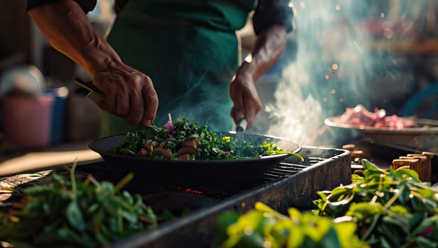 Chef preparing fresh salad on outdoor grill