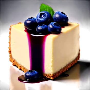 Blueberry cheesecake with a buttery graham cracker crust creamy vanilla cheesecake filling and a vibrant. close-up food, isolated on transparent background