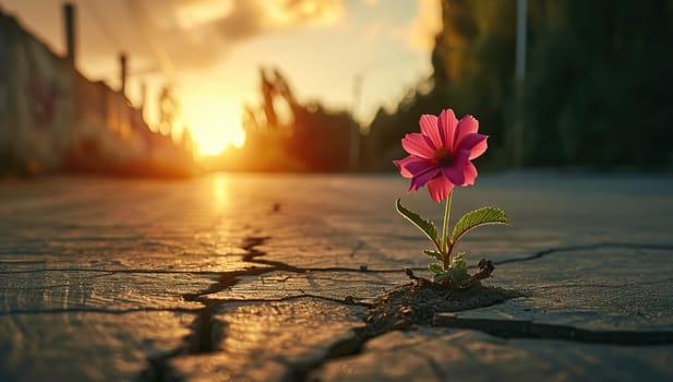 Pink flower growing through cracked pavement at sunset