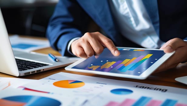 Business professional analyzing colorful graphs on tablet