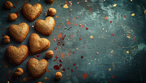 Heart shaped cookies with nuts on rustic background. Toned.