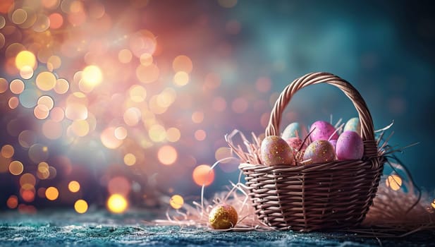 Colorful easter eggs in basket on rustic background with bokeh lights