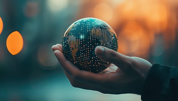 Close up of human hand holding the globe with bokeh background