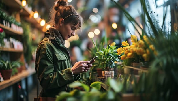 Portrait of young female florist using mobile phone in flower shop