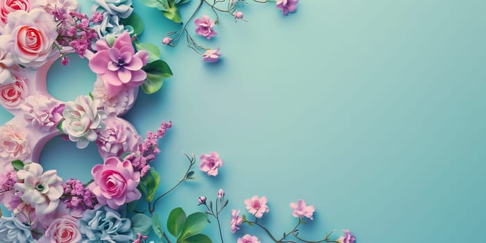 Creative number 8 made of pink and blue flowers on blue background. Women's day concept