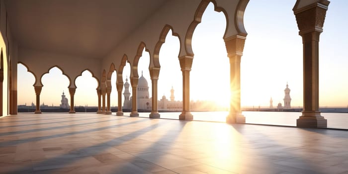 Sunrise illuminates a serene mosque courtyard with elegant arches