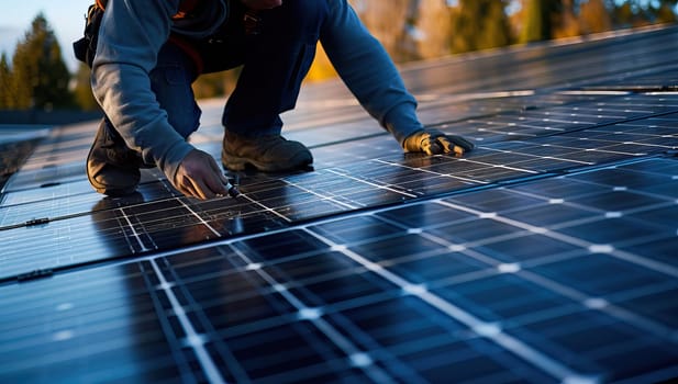 A technician installs solar panels on a roof during sunset