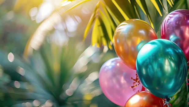 Colorful balloons on the background of palm leaves. Festive background.