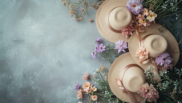 Summer straw hats with flowers on grey background. Top view with copy space