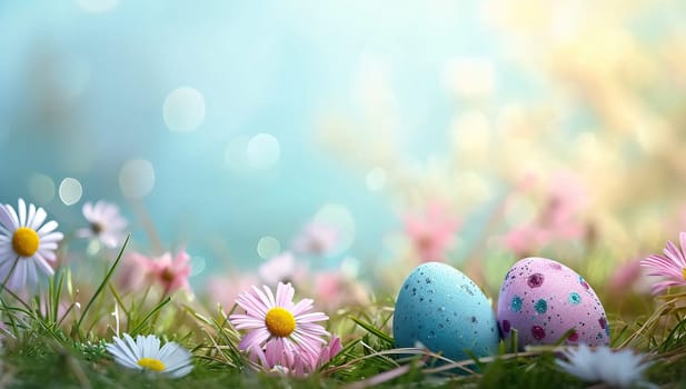 Easter eggs on green grass with daisies and bokeh