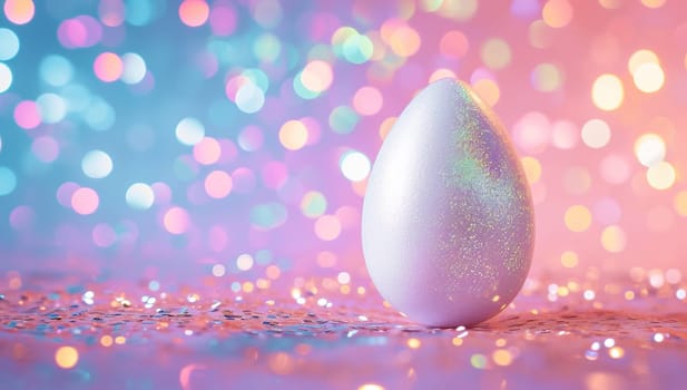 A glittering egg against a backdrop of colorful lights