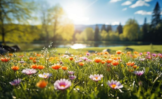 Beautiful spring flowers in the meadow. Springtime landscape.