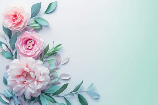 Flowers composition. Pastel pink flowers and green leaves on white background. Flat lay, top view, copy space