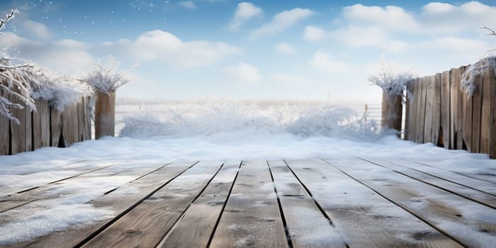 Wooden deck with snow against blue sky over snowy field in winter