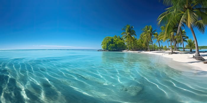 Tropical beach with clear blue water and palm trees under a bright sky