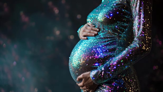 Pregnant woman in a sparkling dress holds her belly against a dark glittery background