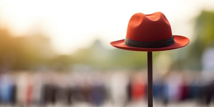 A red hat stands alone on a pole amidst a blurred crowd