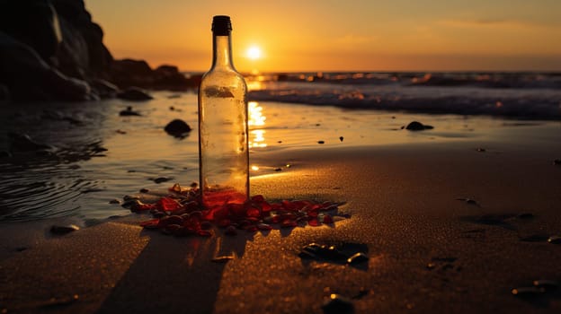 Serene Beach Sunset with Bottle