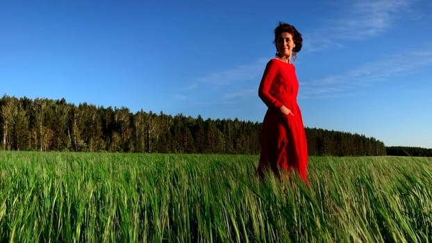 Portrait of an attractive woman in red dress in a field of fresh green wheat. Stock clip. Herbal background. amazing nature, farmland, growing cereals