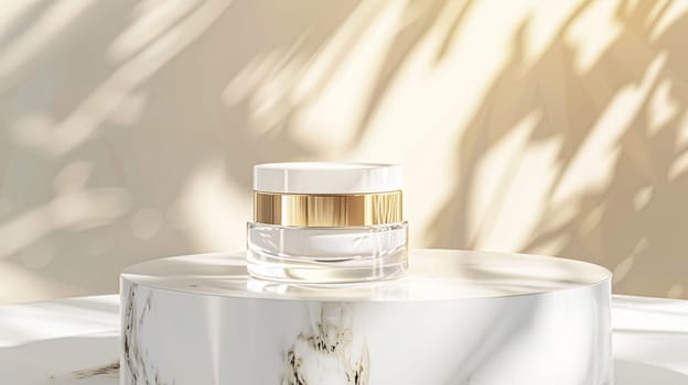 Face cream in a glass jar on a white and gold background. Skin care concept. Backdrop for beauty cosmetic products